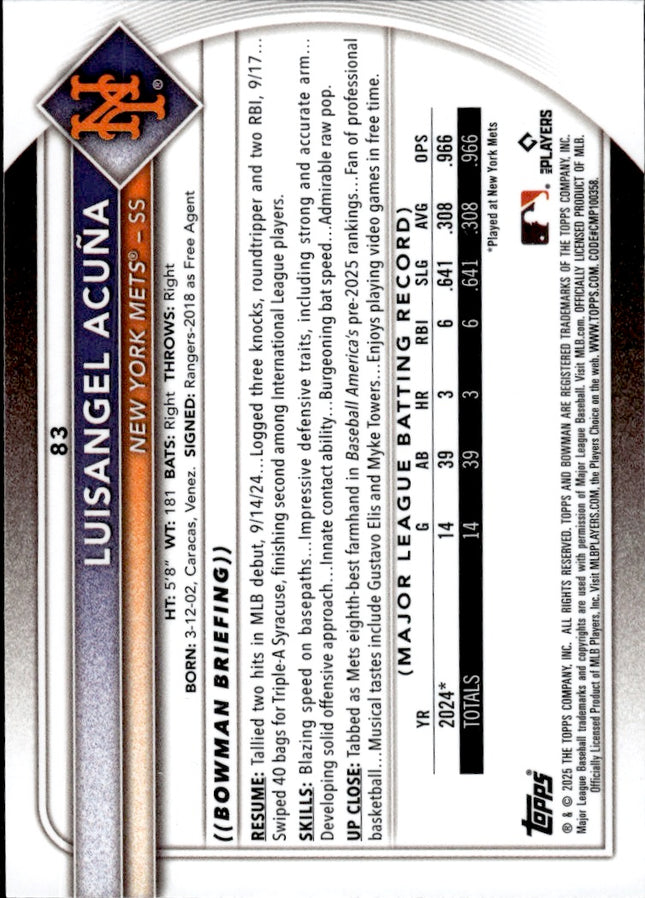 2025 Bowman #83 Luisangel Acuña Bowman Chrome Red Rookie Logo