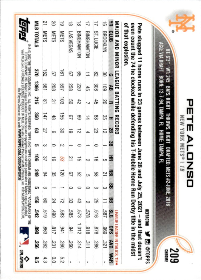 2022 Topps Chrome #209 Pete Alonso Refractor