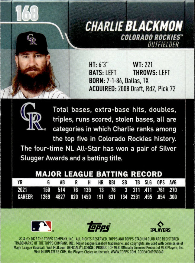 2022 Stadium Club Chrome #168 Charlie Blackmon Blue Refractor #/199
