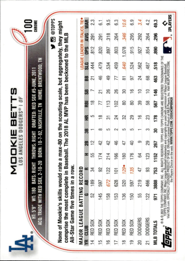 2022 Topps Chrome Sonic #100 Mookie Betts