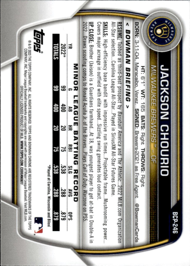 2023 Bowman Chrome #BCP-246 Jackson Chourio Prospects