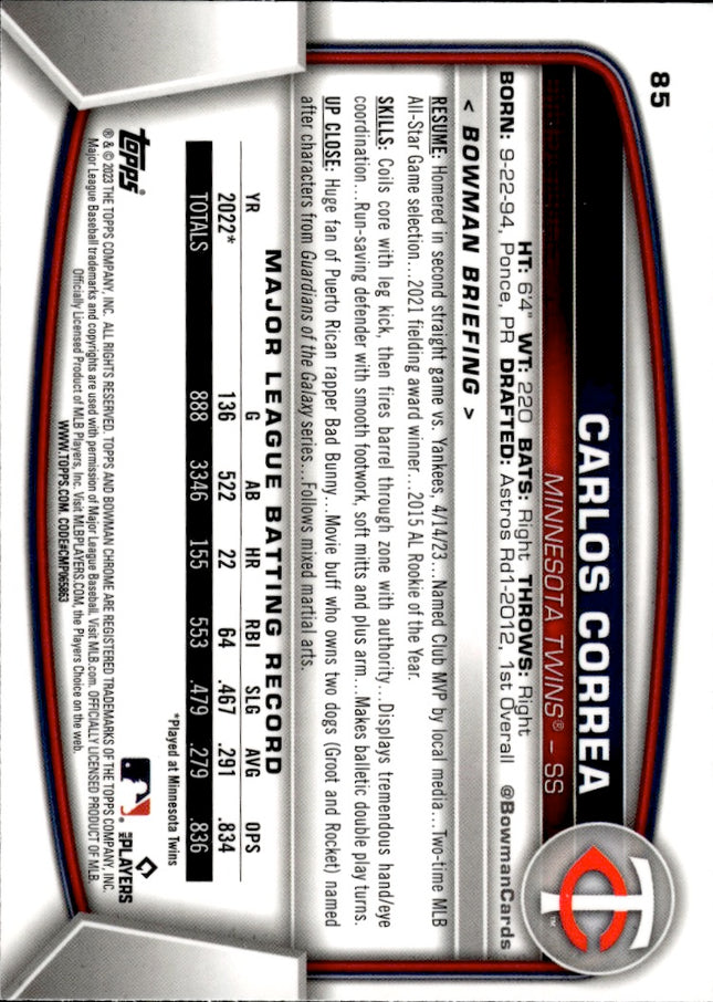 2023 Bowman Chrome #85 Carlos Correa Refractor #/499