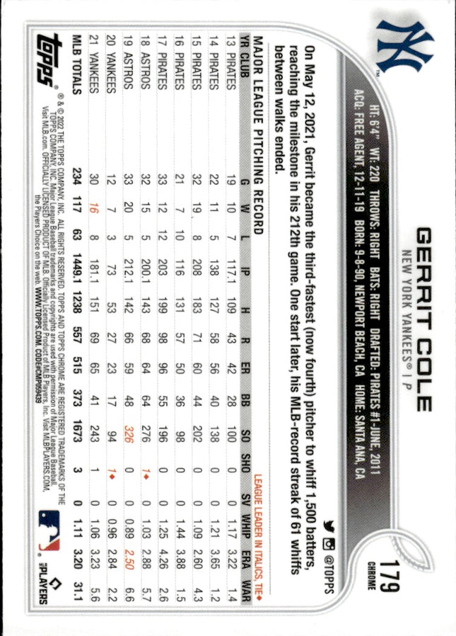 2022 Topps Chrome #179 Gerrit Cole