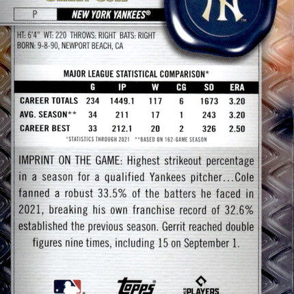 2022 Topps Gold Label #98 Gerrit Cole