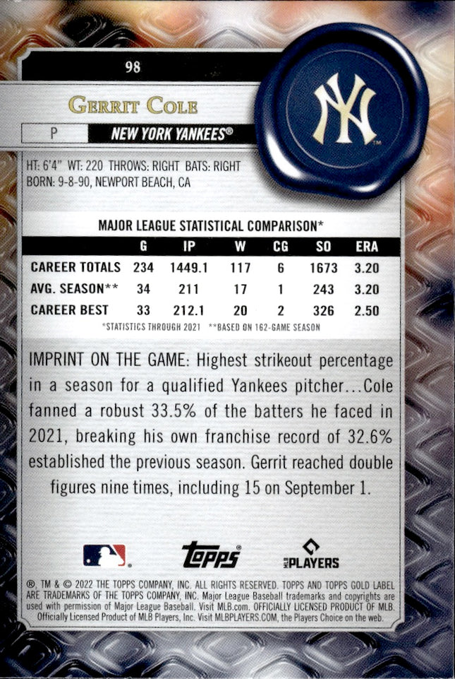 2022 Topps Gold Label #98 Gerrit Cole