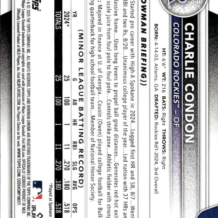 2025 Bowman #BP-75 Charlie Condon Prospects