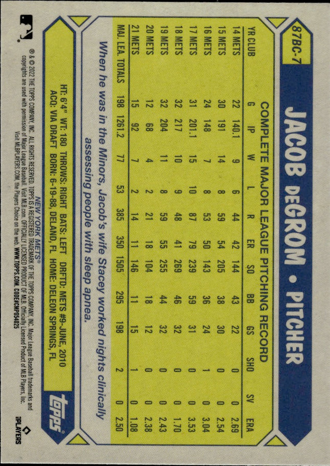 2022 Topps Chrome #87BC-7 Jacob deGrom 1987 Topps Baseball 35th Anniversary