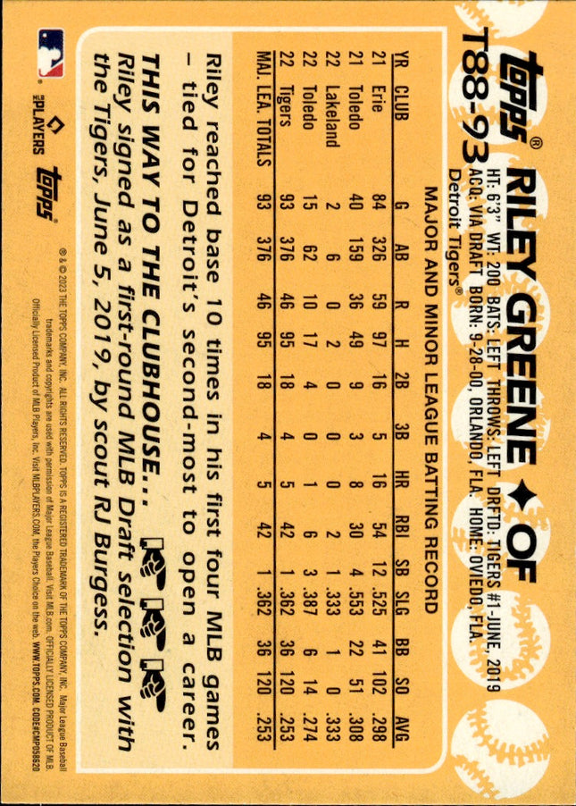 2023 Topps #T88-93 Riley Greene 1988 Topps Baseball 35th Anniversary