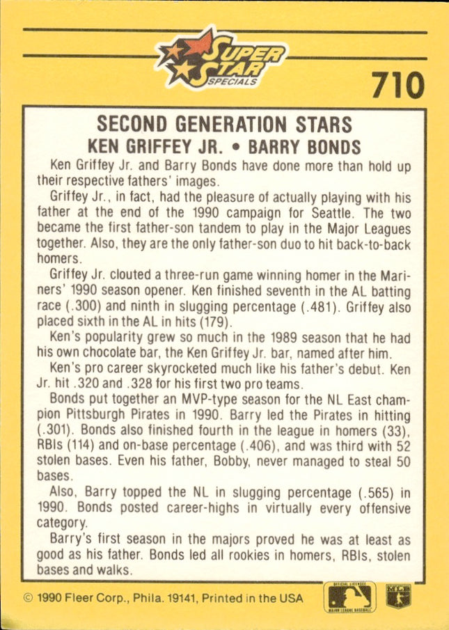1991 Fleer #710 Second Generation Stars (Ken Griffey, Jr / Barry Bonds) SSS, CPC
