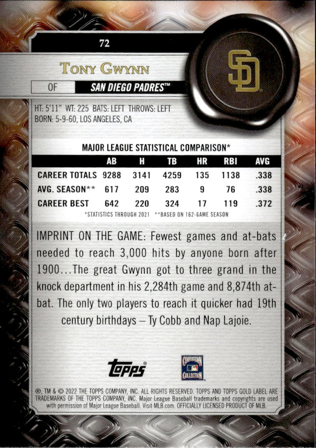 2022 Topps Gold Label #72 Tony Gwynn