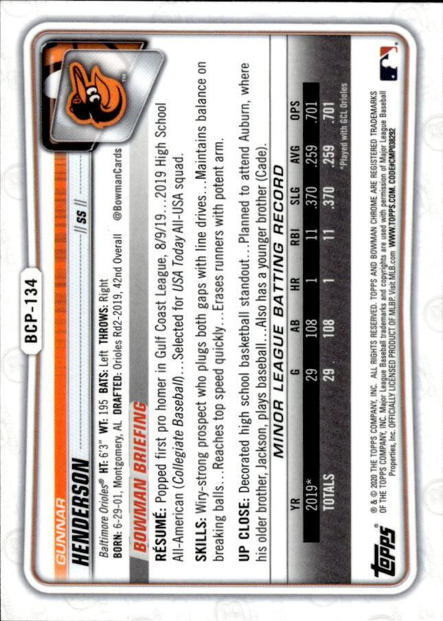 2020 Bowman #BCP-134 Gunnar Henderson Chrome Prospects