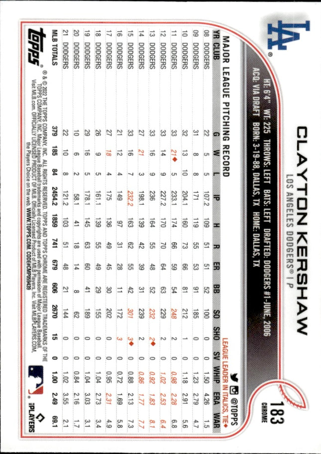 2022 Topps Chrome #183 Clayton Kershaw