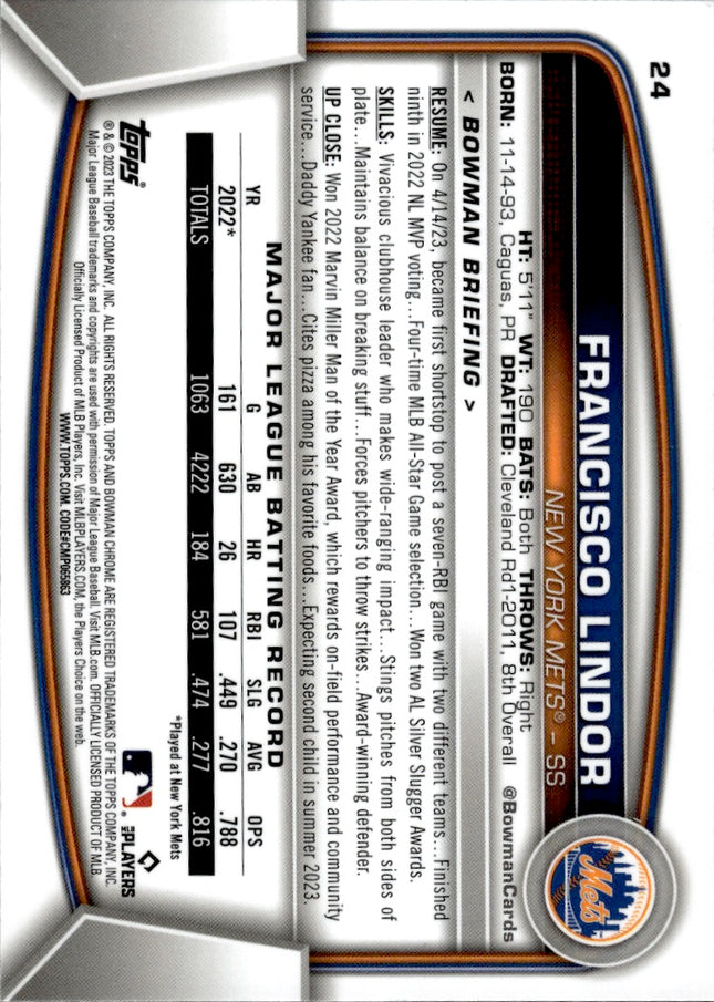 2023 Bowman Chrome #24 Francisco Lindor