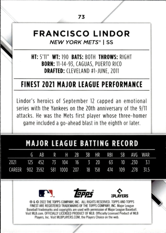 2022 Finest #73 Francisco Lindor