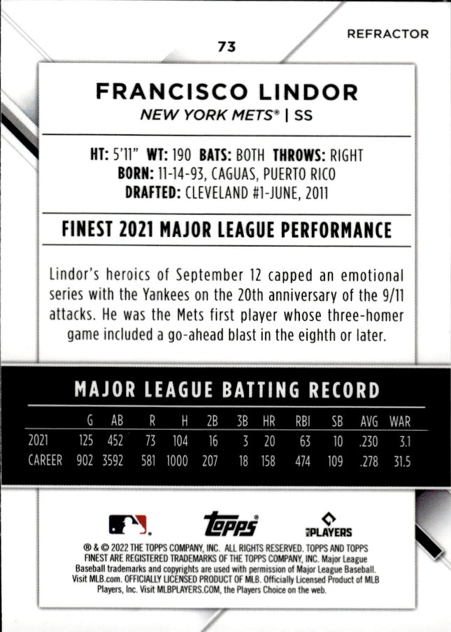 2022 Finest #73 Francisco Lindor Refractors