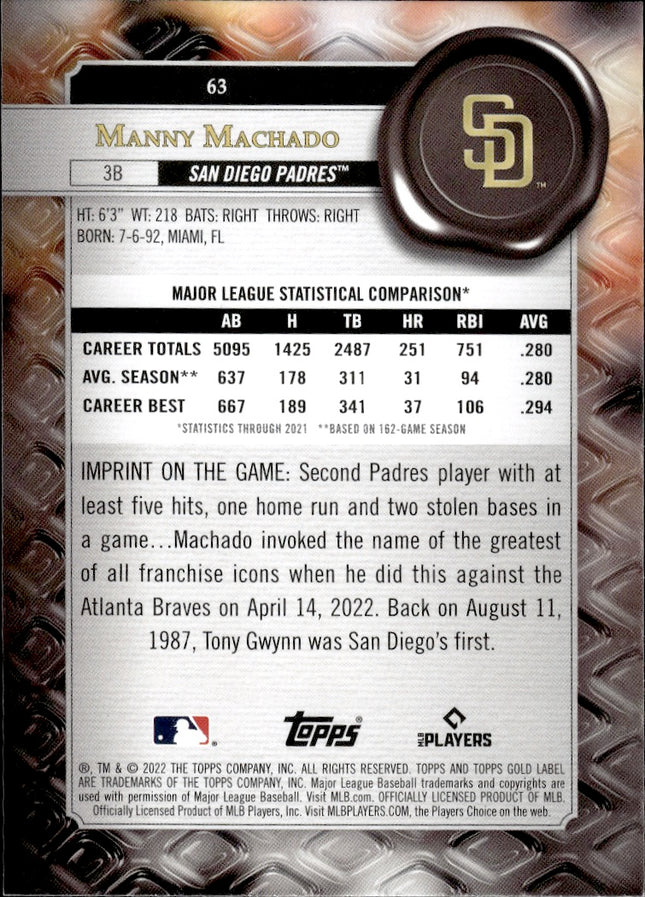 2022 Topps Gold Label #63 Manny Machado