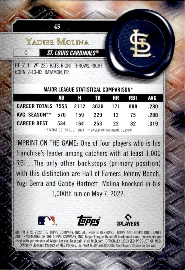 2022 Topps Gold Label #45 Yadier Molina