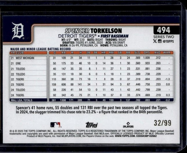 2025 Topps #494 Spencer Torkelson Holiday Hot Dogs #/99