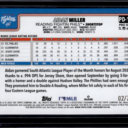 2025 Topps Pro Debut #PD-113 Aidan Miller Aqua Foil #/75