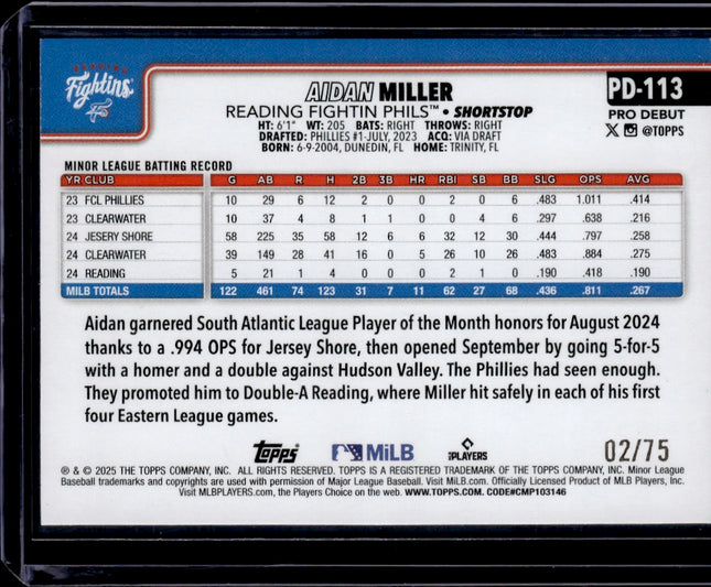 2025 Topps Pro Debut #PD-113 Aidan Miller Aqua Foil #/75