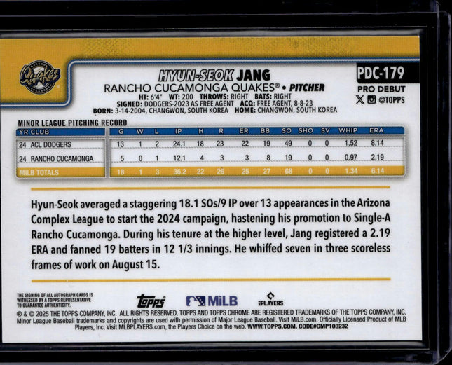 2025 Topps Pro Debut #PD-179 Hyun-Seok Jang Base Autographs Gold #/50